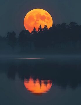 Generative AI Giant red supermoon rising over misty forest with lake reflection