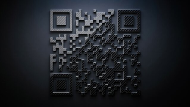 3D embossed carbon fiber textured QR code on a dark background