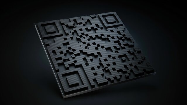 Angled 3D carbon fiber textured QR code with shadows on a dark background