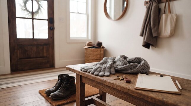 A rustic entryway welcomes with a weathered wooden bench holding winter accessories and a simple clipboard, adjacent to a charming front door and a window adorned with a festive wreath.