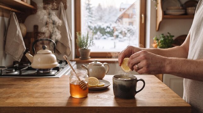 A person prepares a warm cup of tea with honey and lemon in a cozy kitchen, with a snowy landscape visible through the window, evoking a sense of comfort and warmth on a winter day.