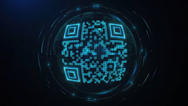 Glowing blue digital QR code hologram overlaying world map on dark background