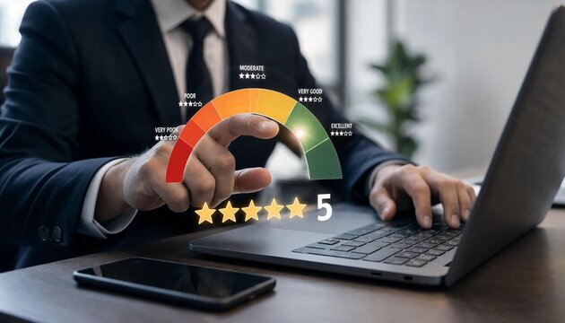 Businessman using a laptop to select a five star rating on a digital gauge measuring customer satisfaction and service performance