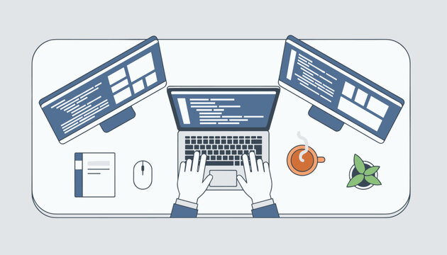 Overhead top view of a professional coder working on a laptop with two dual monitor screens showing software code lines.