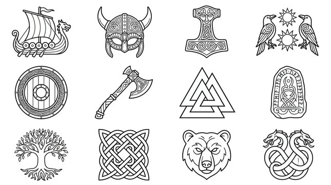 Viking Symbols Collection: Ship, Helmet, Axe, Thor Hammer, Rune Stone