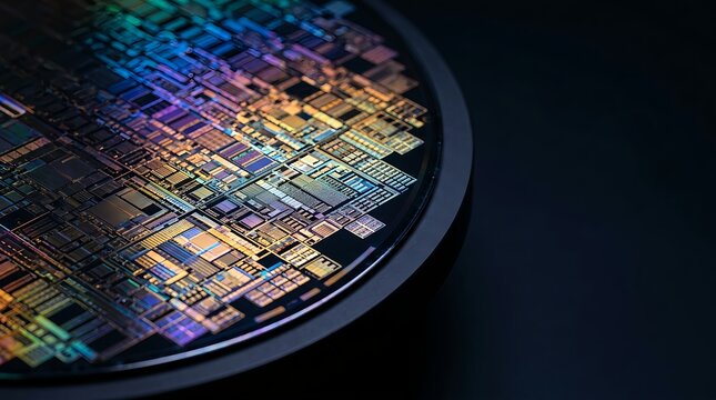 Macro view of silicon microchip wafer with complex integrated circuits, hardware