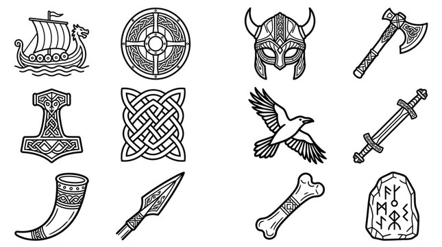 Viking Symbols: Ship, Helmet, Axe, Sword, Mjolnir, Raven, Rune