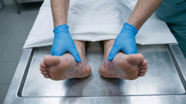 Symmetrical view of pathologist hands in surgical gloves examining post mortem lividity on soles of feet in morgue