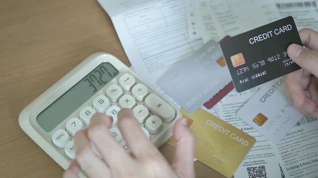 Hand pressing a calculator while reviewing monthly bills, receipts and credit card expenses for household budget planning and debt management.