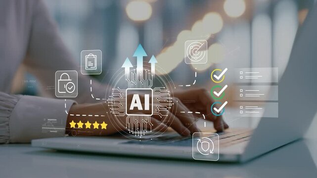 Businesswoman in modern office using animated AI icon, intelligent business platform, smart workflow management, enterprise analytics, operational efficiency and artificial intelligence technology