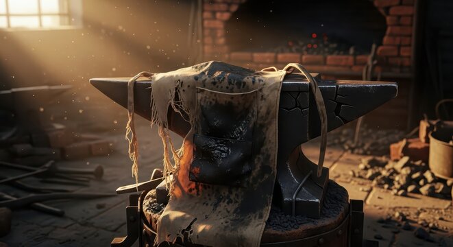 Old blacksmith anvil covered with apron in dusty workshop with dramatic sun rays and glowing forge in background