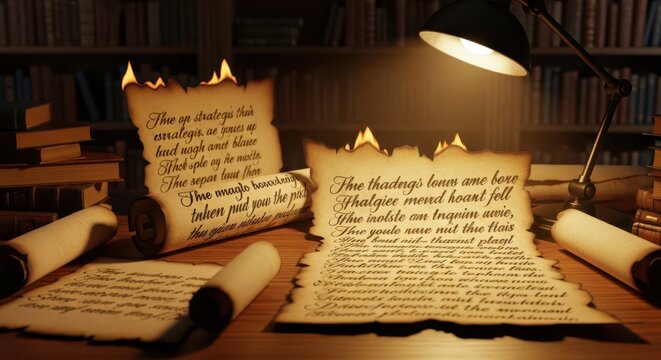 Old Burning Scrolls of Ancient Text Illuminated by Desk Lamp in a Library