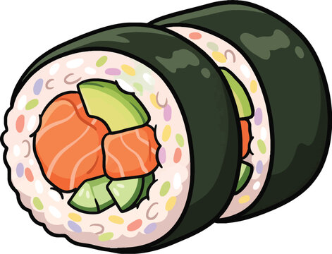 Fresh japanese sushi rolls with salmon avocado and rice wrapped in seaweed isolated food graphic art.