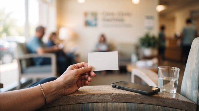 A hand holds a blank business card in a modern waiting room, with a glass of water and a smartphone on a wooden table, while people are blurred in the background.