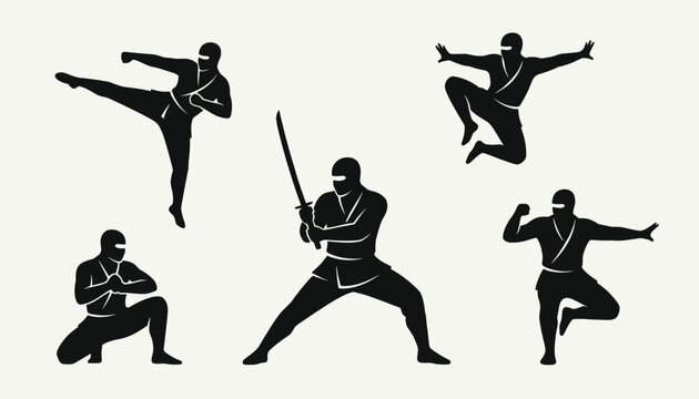 Collection of ninja warrior silhouettes in various action poses including jumping, kicking, and wielding a katana sword.