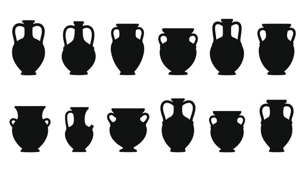Collection of classical ancient Greek amphora and ceramic pottery vessel silhouettes displayed in two neat rows.