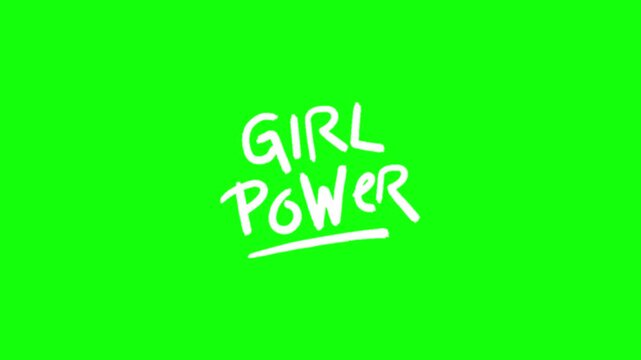 Bold white handwritten text "GIRL POWER" with a strong underline bounces and vibrates with empowering energy on a solid bright lime green background in vibrant cartoon vector style.