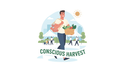 Fototapeta premium Happy young man carrying fresh organic vegetables from a local farmers market under a bright conscious harvest slogan.