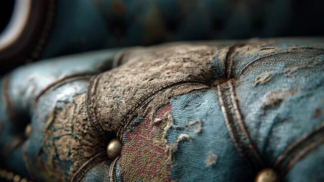 Close up view of a worn and torn tufted blue fabric on an antique baroque armchair