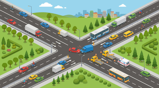 Busy Traffic Intersection with Cars, Trucks, Bus, and Ambulance in City