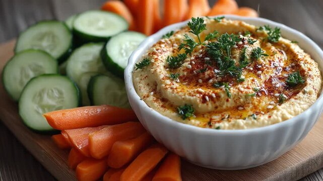 Traditional hummus dish with olive oil, parsley, sesame seeds, carrots, and sliced cucumbers