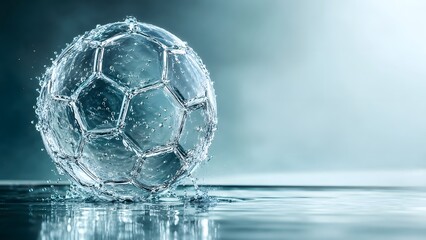 Naklejka premium sports football sculpted water ball with transparent panels splashing across reflective blue surface