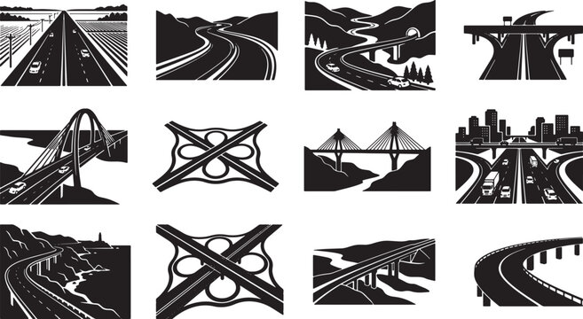 Highway and Freeway Junctions, Bridges, and Overpasses: 12 Vector Icons for Transportation and Infrastructure Concepts
