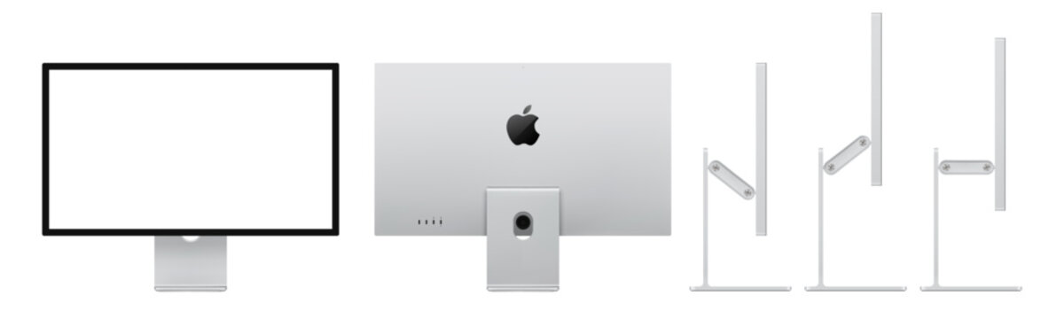 Apple Studio Display XDR 27 inches 2026. Real dimentions. Front, back and side view isolated on transparent background. Vector editorial png