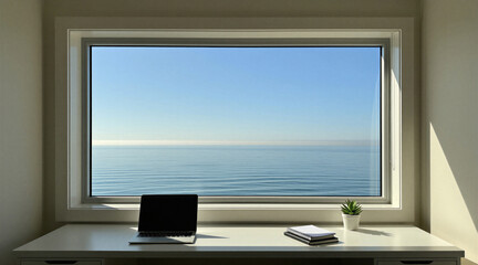 Fototapeta premium Desk with laptop and plant sits by window looking out to calm blue sea and horizon. Bright sunlight casts shadows on wall creating peaceful home office atmosphere.