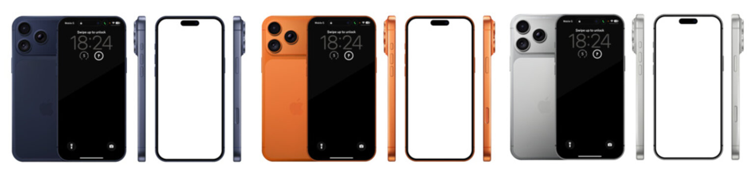 Apple Iphone 17 Pro Max lineup mockup: Cosmic Orange, Deep Blue, Silver. Front, rear and side view isolated. Vector editorial png