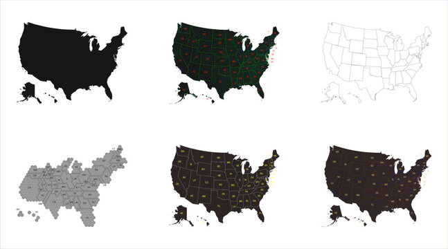 Set of vector illustrations of United States maps, including state outlines, solid silhouettes, hexagonal tile cartograms, counties, and dark mode map designs. Set of maps on transparent backgrounds