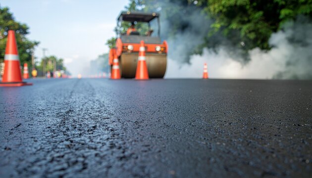 freshly made tar road with steam coming out of it, traffic cones placed on the side