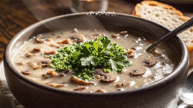 A delicious bowl of creamy mushroom soup garnished with fresh green parsley.