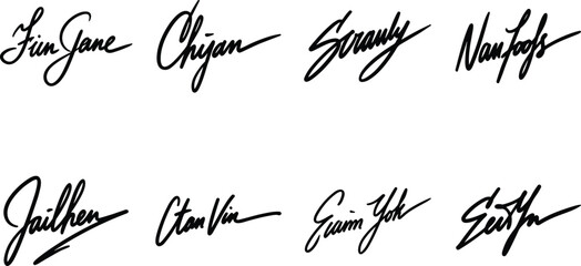 Set of black and white handwritten signatures, autograph styles, and cursive typography elements © MdSaiful