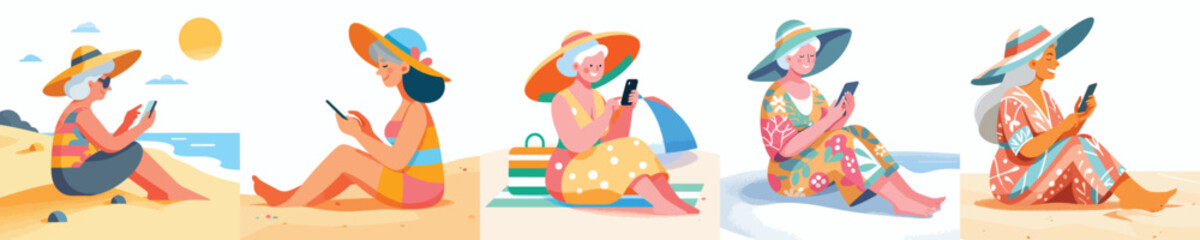 Obraz premium Flat vector illustration of a grandma sitting on the beach sand, playing phone