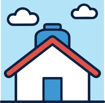 Cozy house with red roof and chimney under blue sky with clouds, simple illustration