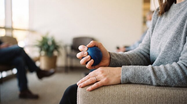 A person's hand clutches a blue stress ball, offering a tangible release from tension in a calming, softly lit environment.