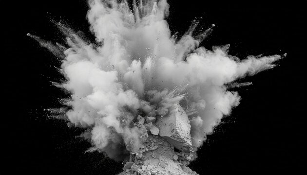 exploding cement block, black background