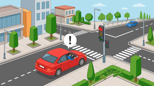 Driver running red light at intersection with crosswalk and buildings