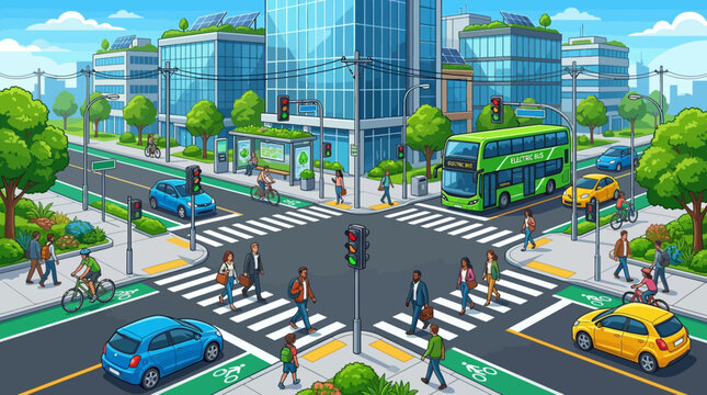 Green City Intersection with Eco-Friendly Transport and Pedestrians