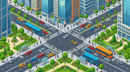 Fototapeta premium Isometric City Intersection with Traffic and Pedestrians, Busy Urban Crossroads