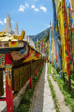 Prayer Flag Pathway Beside White Stupa