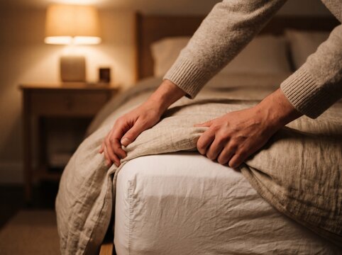 Person making the bed with linen sheets in a cozy bedroom