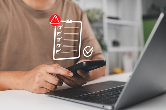Businessman checklist on smartphone with digital verification, task management, compliance, online approval, productivity workflow, mobile planning, reminder, quality control successful project.