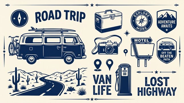 Vintage road trip adventure elements, retro van life illustrations with camper bus and desert highway scenery, classic travel icons including camera and cooler for outdoor vacation branding.