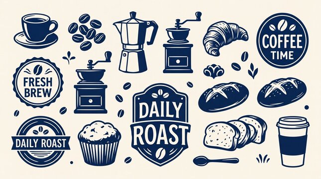 Vintage coffee shop icons and bakery illustrations set. Retro cafe branding elements with moka pot, beans, and grinder. Hand drawn breakfast food graphics for daily roast menu and signage.