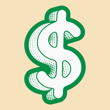 Pop art dollar sign illustration with halftone pattern and green outline