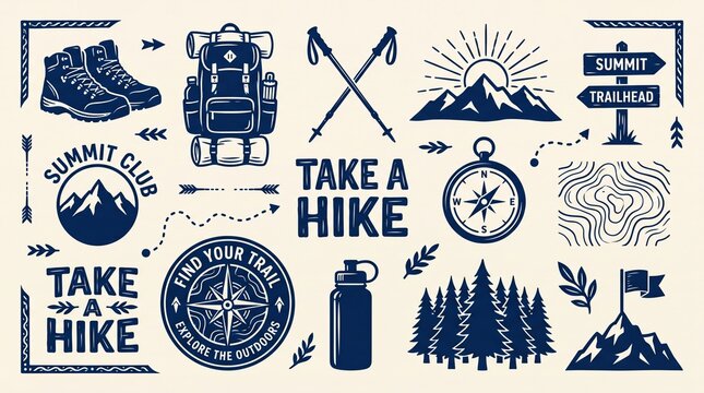 Vintage hiking icons and outdoor adventure badges set. Retro mountain climbing gear illustrations with backpack, boots, and compass. Rustic wilderness camping elements for nature branding.