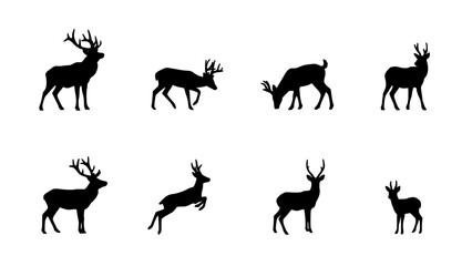 Obraz premium Deer Silhouettes in Various Poses and Stances Featuring Silhouette, Animal, Wildlife with Nature and Antlers Elements for Forest