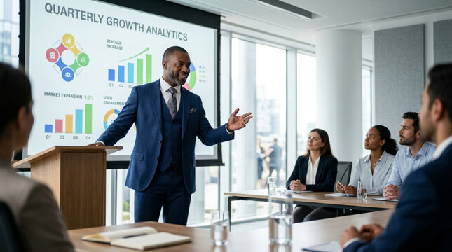 Business Presentation: Man in Suit Presents Growth Analytics to Colleagues in Meeting Room